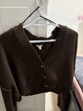 Garage Cropped V-Neck Button Cardigan - Dark Brown